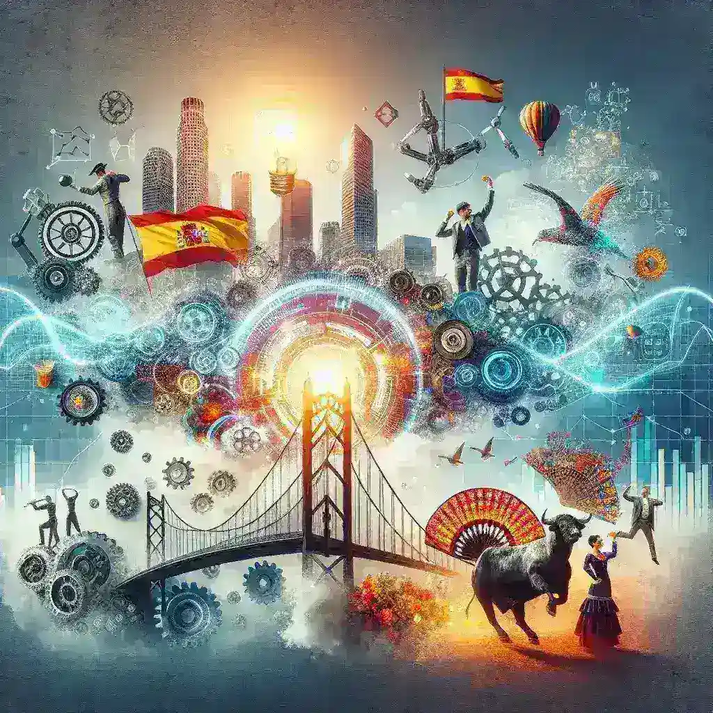 "Ilustración que muestra el potencial de la inteligencia artificial en España para mejorar la productividad y la creatividad, con gráficos y estadísticas en un ambiente de trabajo moderno."