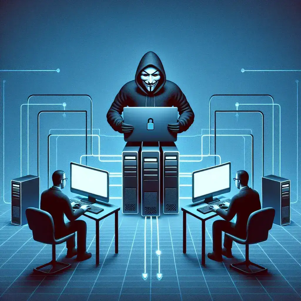 "Ilustração explicativa de um ataque man-in-the-middle, mostrando a interceptação de dados entre um usuário e um servidor, destacando as etapas do ataque e suas consequências de segurança."